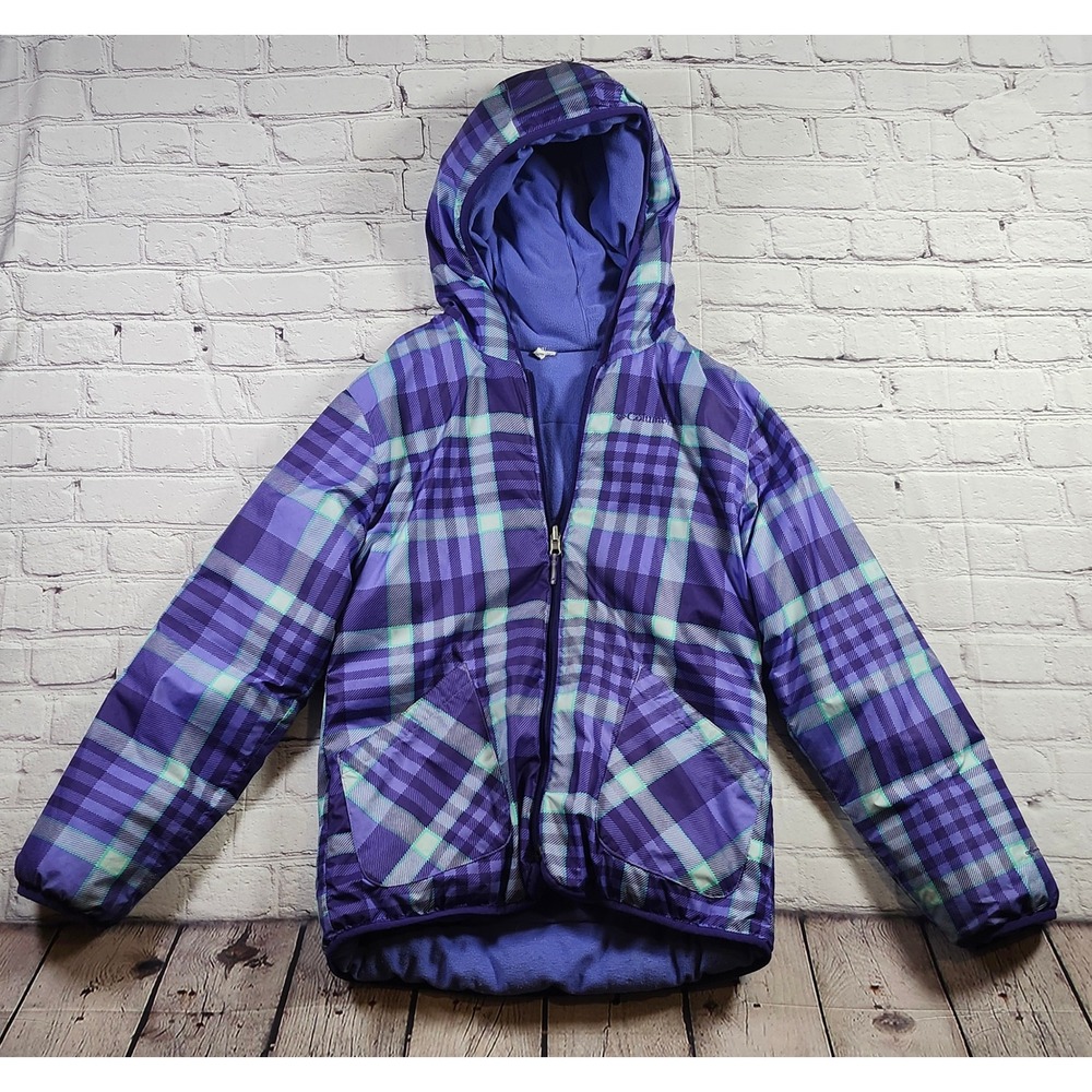Columbia Girls Reversible Puffer Jacket Purple Plaid Fleece Hooded XL 18-20